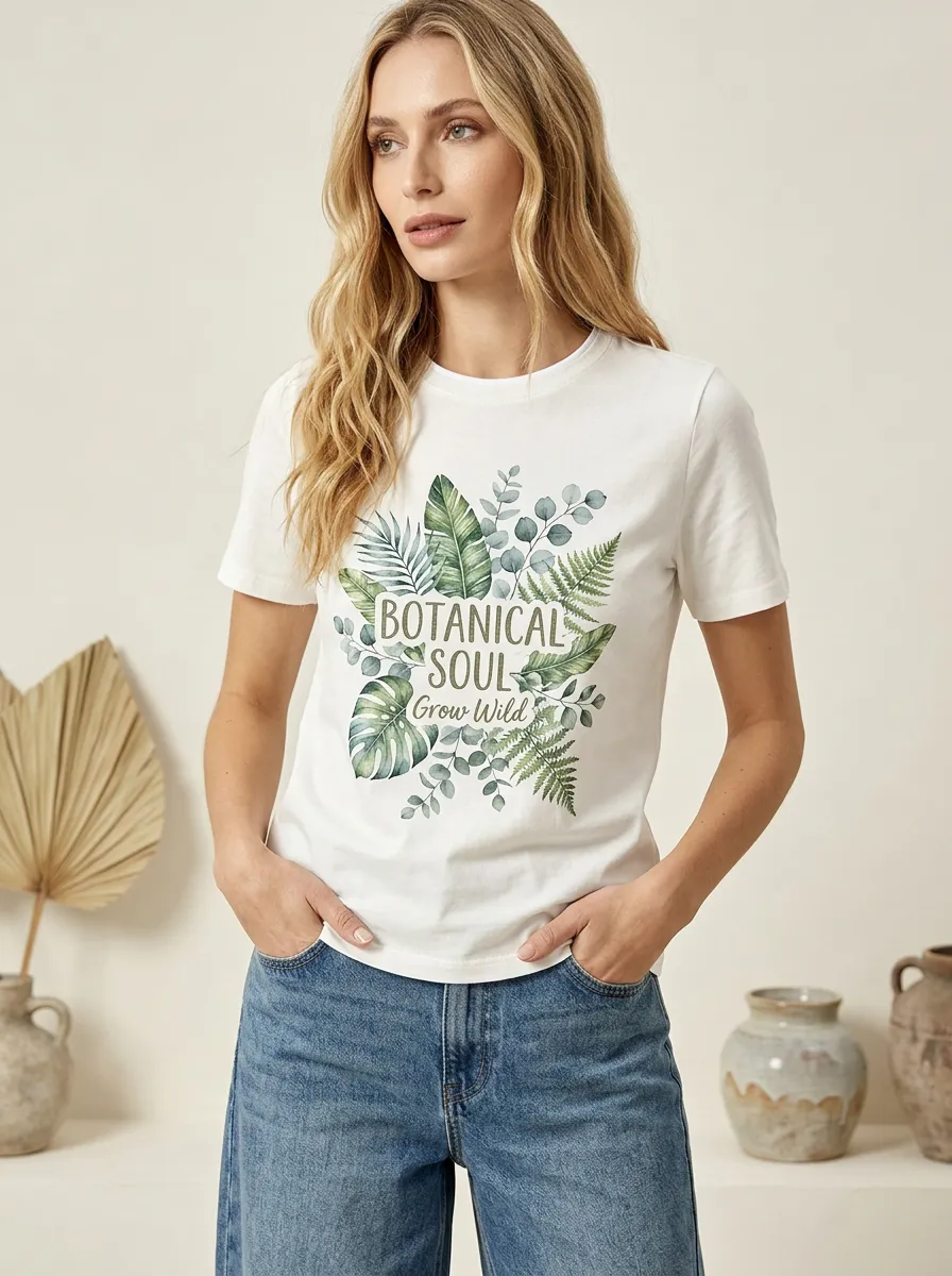 Women's Botanical Soul Nature Lover Tropical Leaf Printed T-shirt