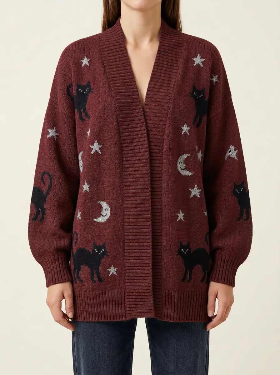 Women's Halloween Black Cat Moon Star Patterned Knit Cardigan