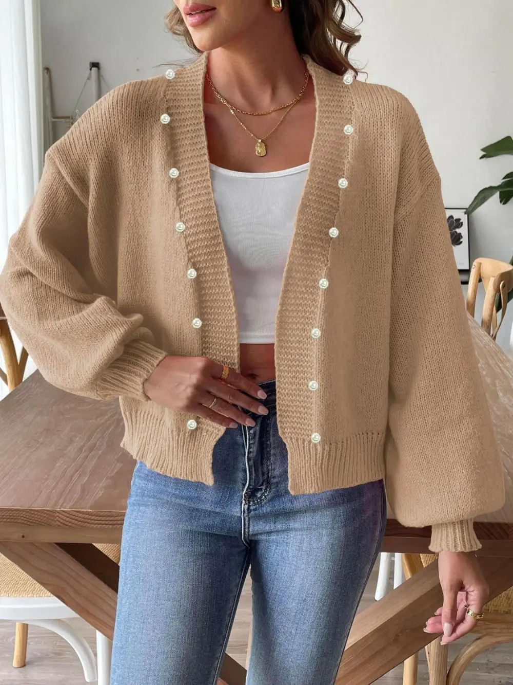Pearl Detail Open Front Cardigan