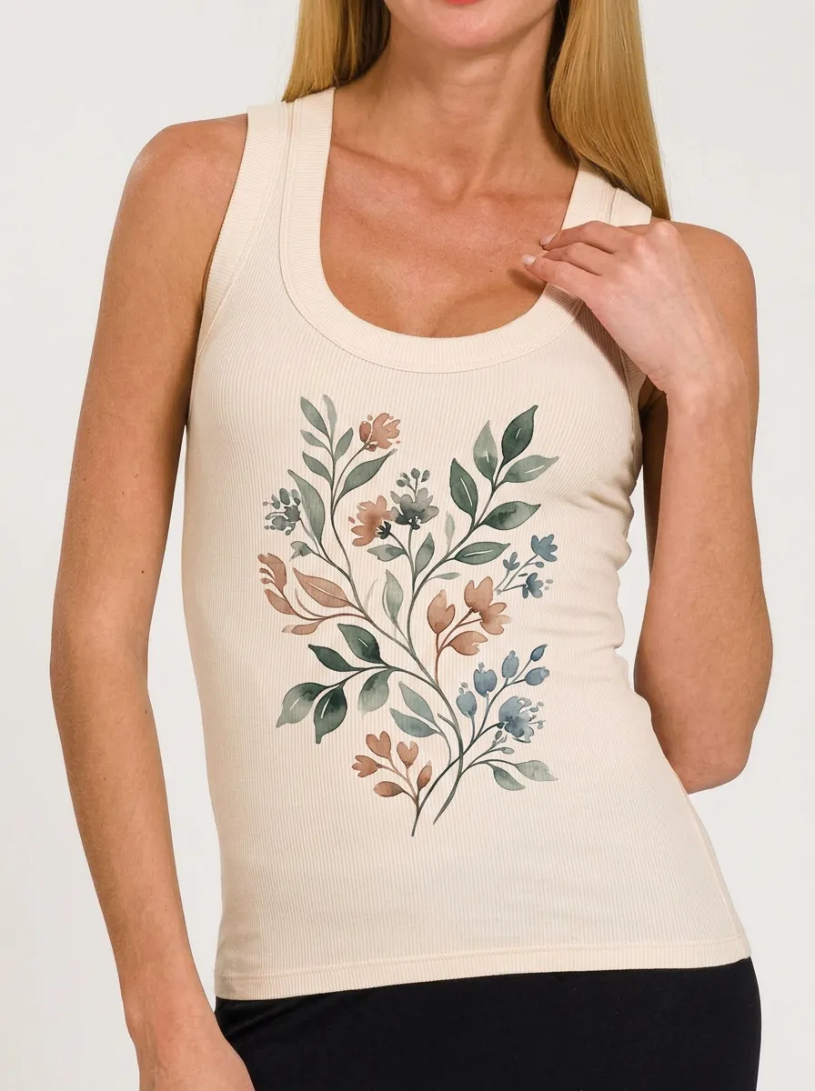 Women's Botanical Nature Lover Watercolor Floral Printed Ribbed Tank Top