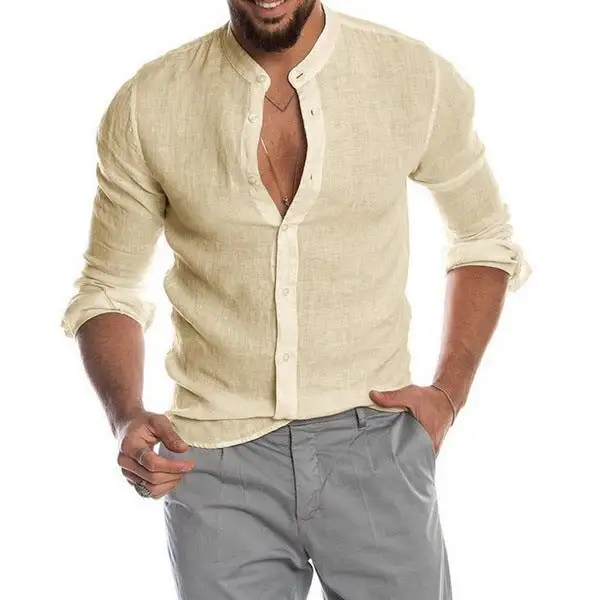 Men's Linen Shirt With Stand-up Collar Continuous Button Placket And Casual Slim-Fit Cut