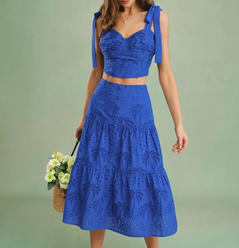 Blue Embroidery Midi Skirt