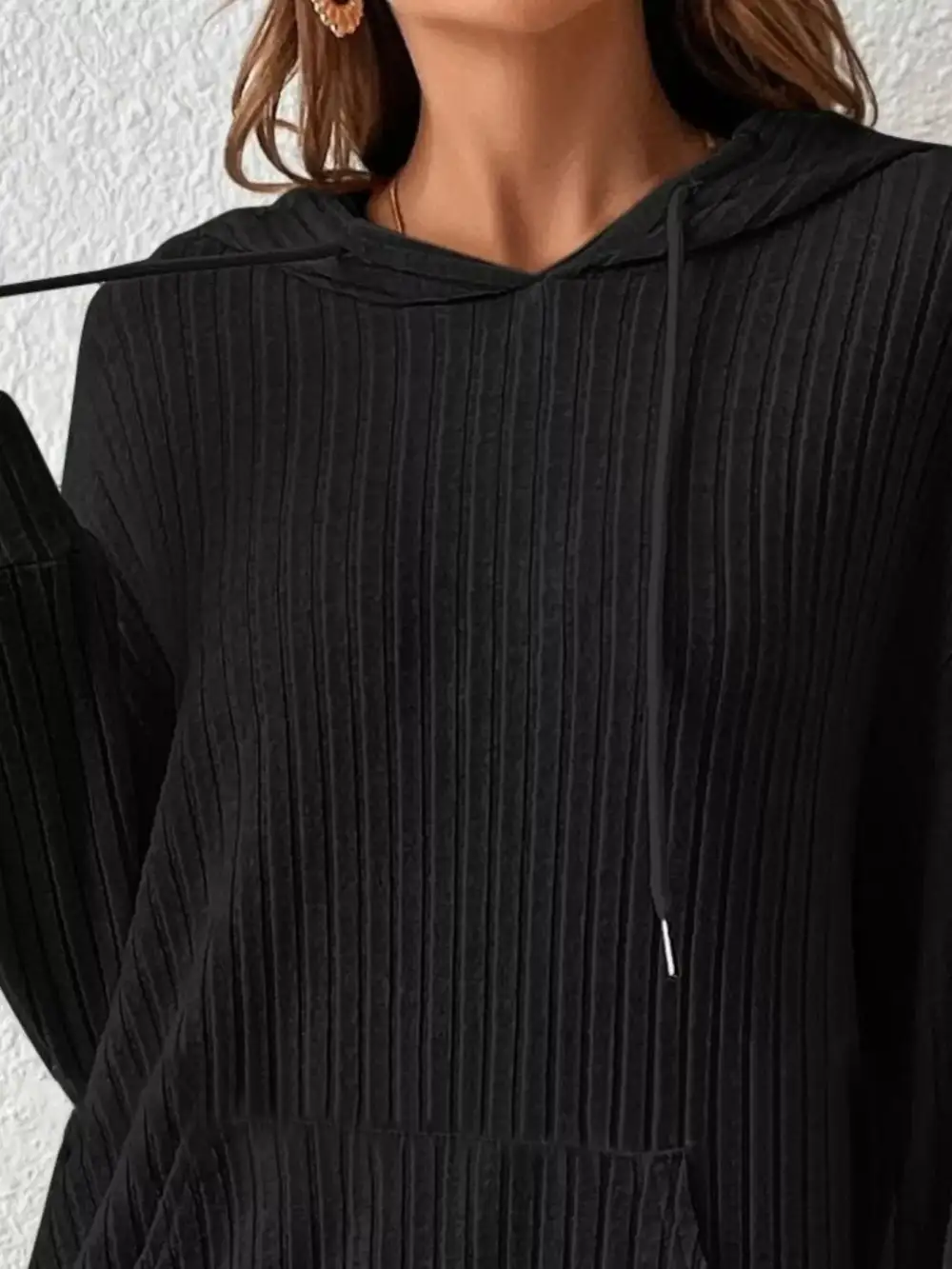 Relaxed Drawstring Pocketed Long-Sleeve Ribbed Hoodie