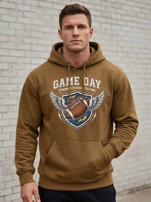 Men's American Football Game Day Winged Ball Printed Hoodie