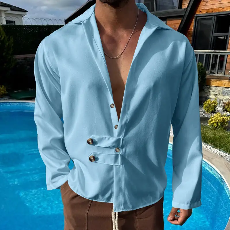 Men's Modern Long-sleeved Shirt With Deep Neckline And Asymmetrical Strap Look