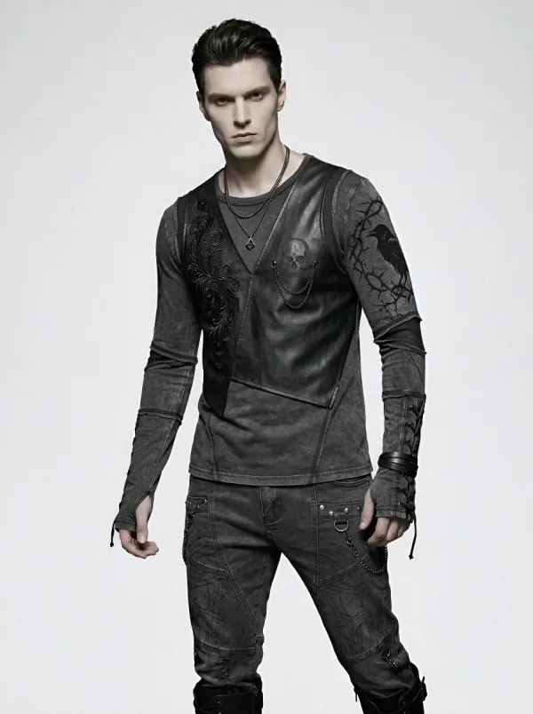 Men's Gothic Skull Raven Printed Long Sleeve Top