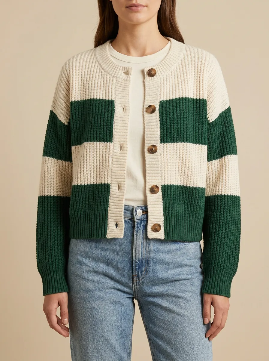 Button Front Rugby Striped Knit Cardigan