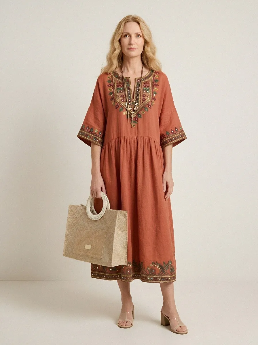 Women's Summer Vacation Boho Floral Embroidered Printed Dress