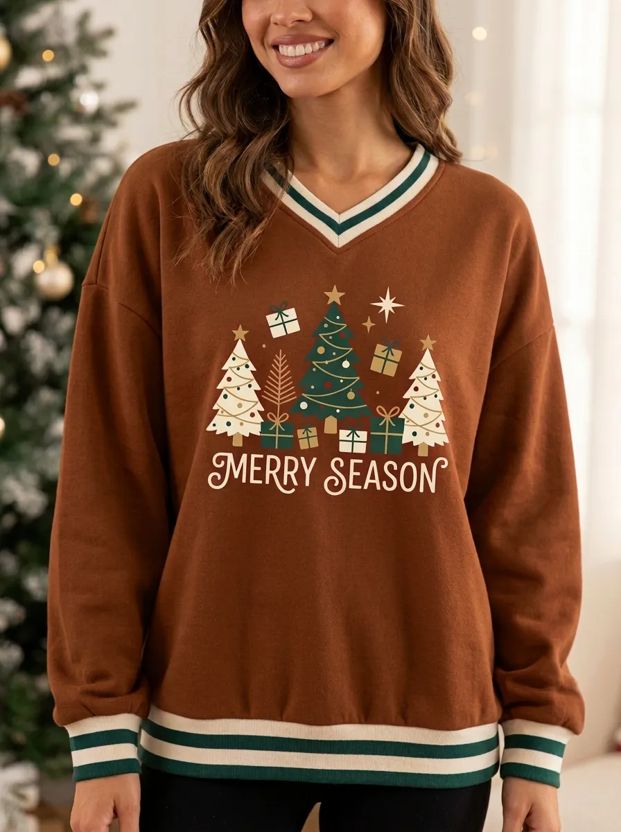 Christmas Merry Season Tree & Gift Print V-Neck Sweatshirt