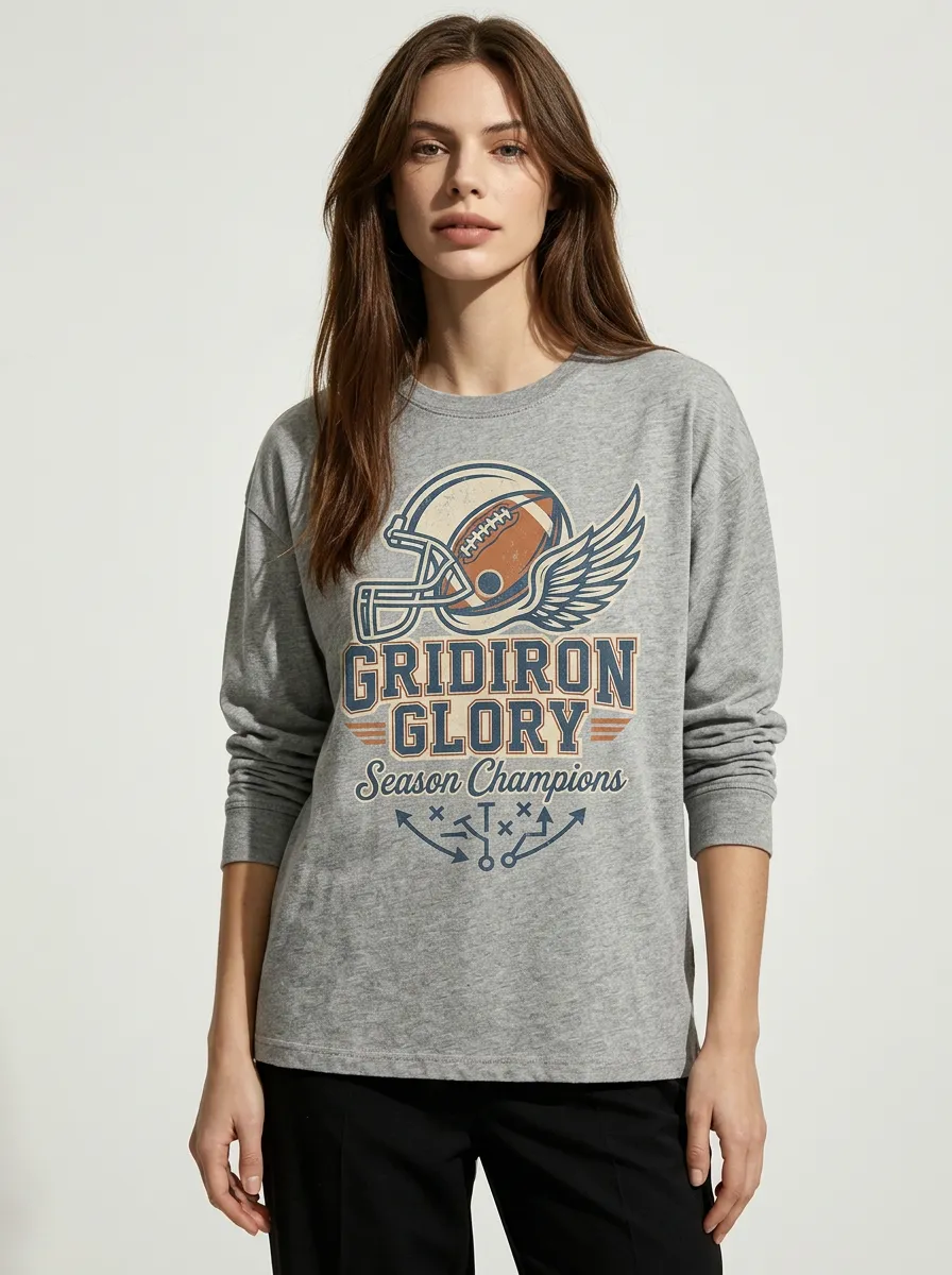 Women's Football Fan Gridiron Glory Winged Helmet Printed Long Sleeve T-Shirt