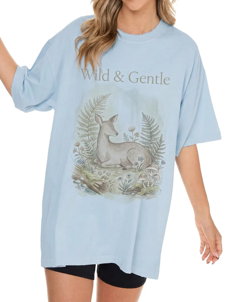 Women's Nature Lover Wild & Gentle Deer Mushroom Printed T-shirt