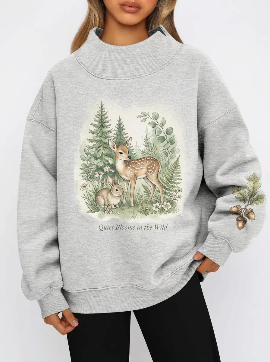 Women's Nature Lover Forest Deer Rabbit Printed Sweatshirt