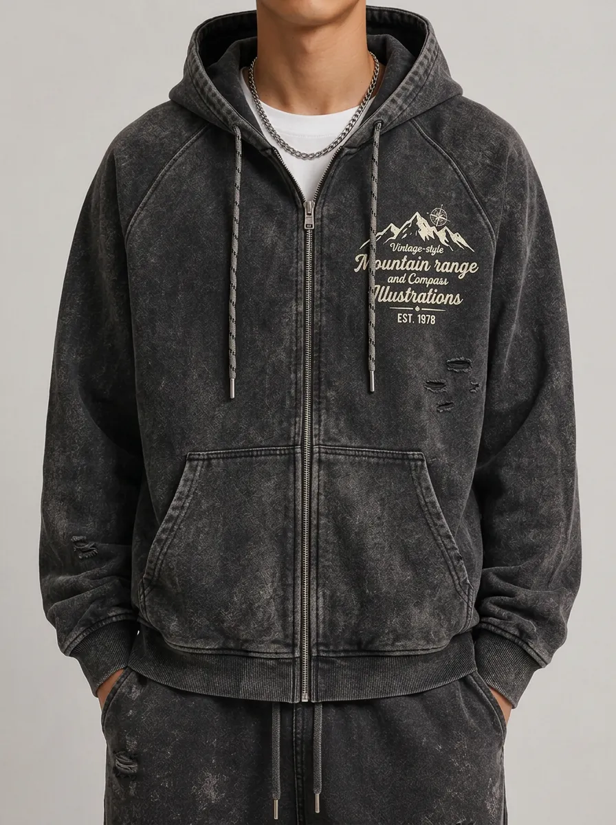 Men's Vintage Mountain Compass Graphic Printed Zip-up Hoodie