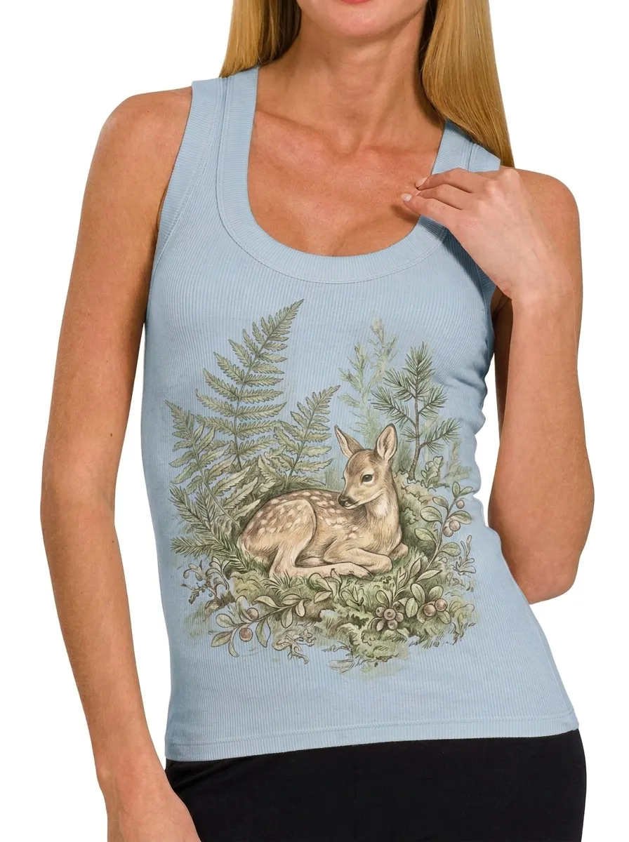 Women's Nature Lover Fawn Fern Forest Printed Tank Top