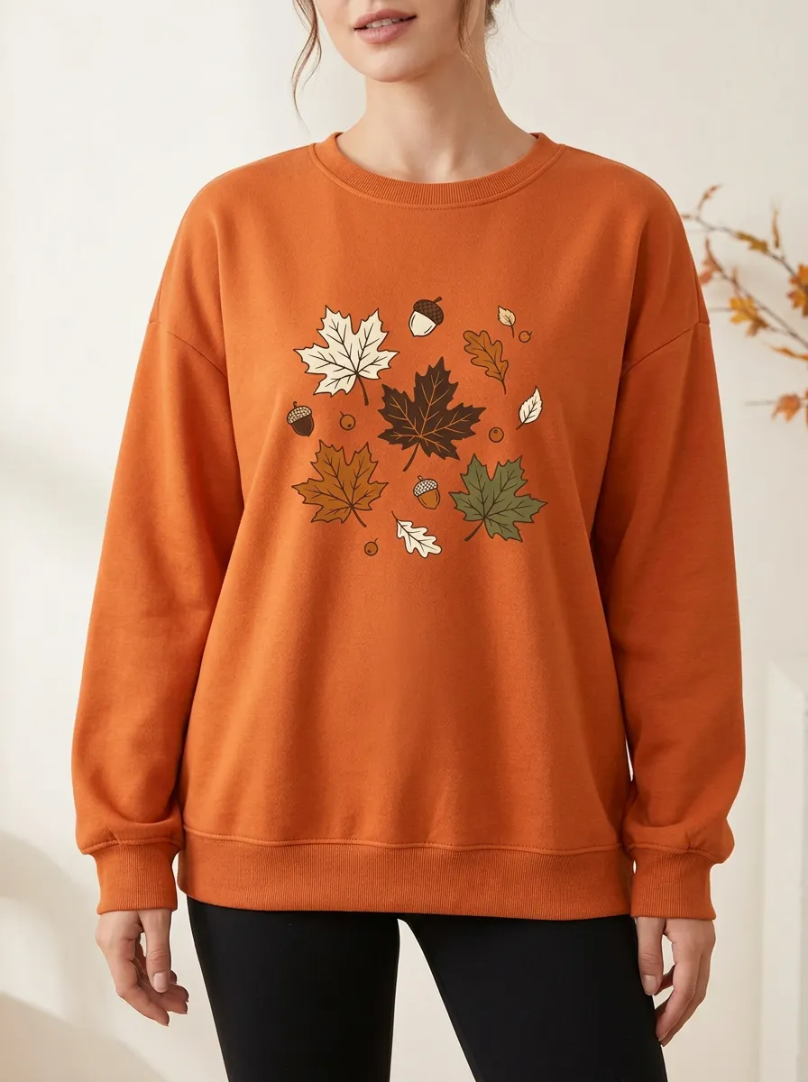 Decorative Maple-Leaf Printed Acorn Graphic Sweatshirt