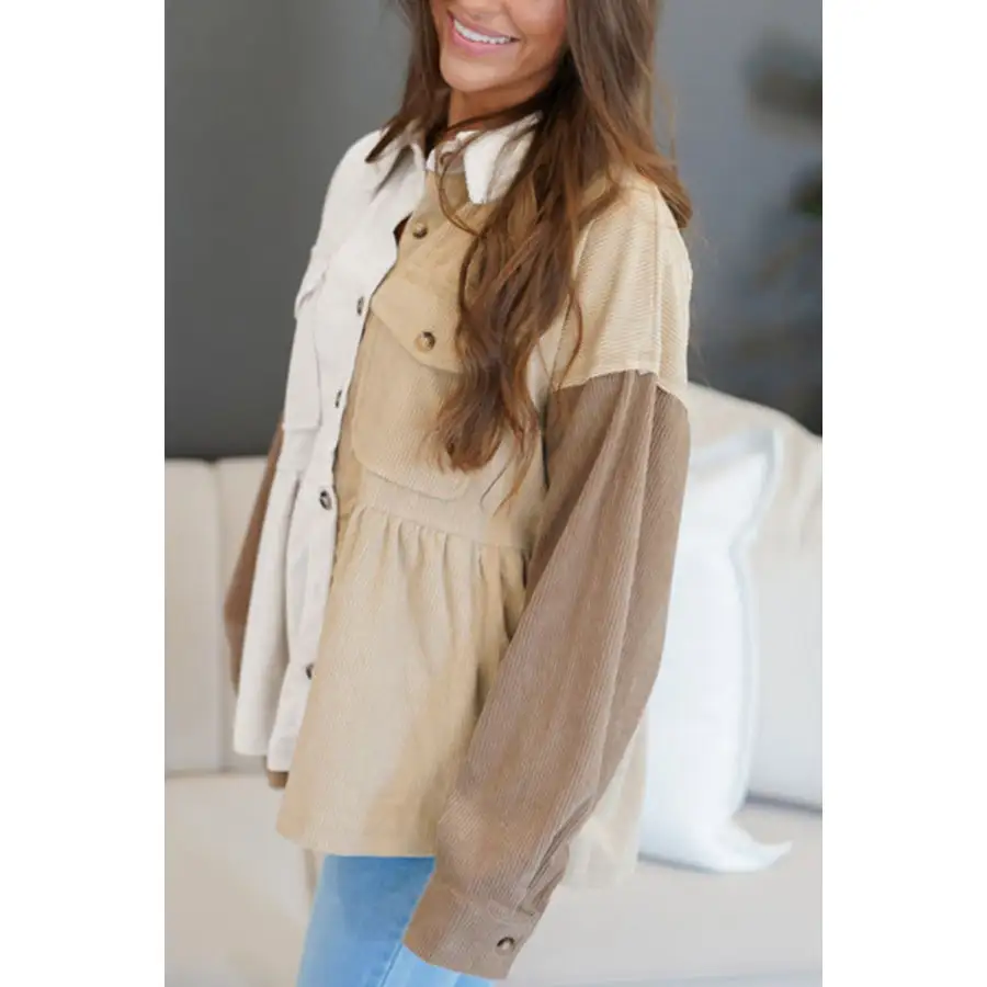 Color Block Collared Neck Drop Shoulder Shacket Jacket