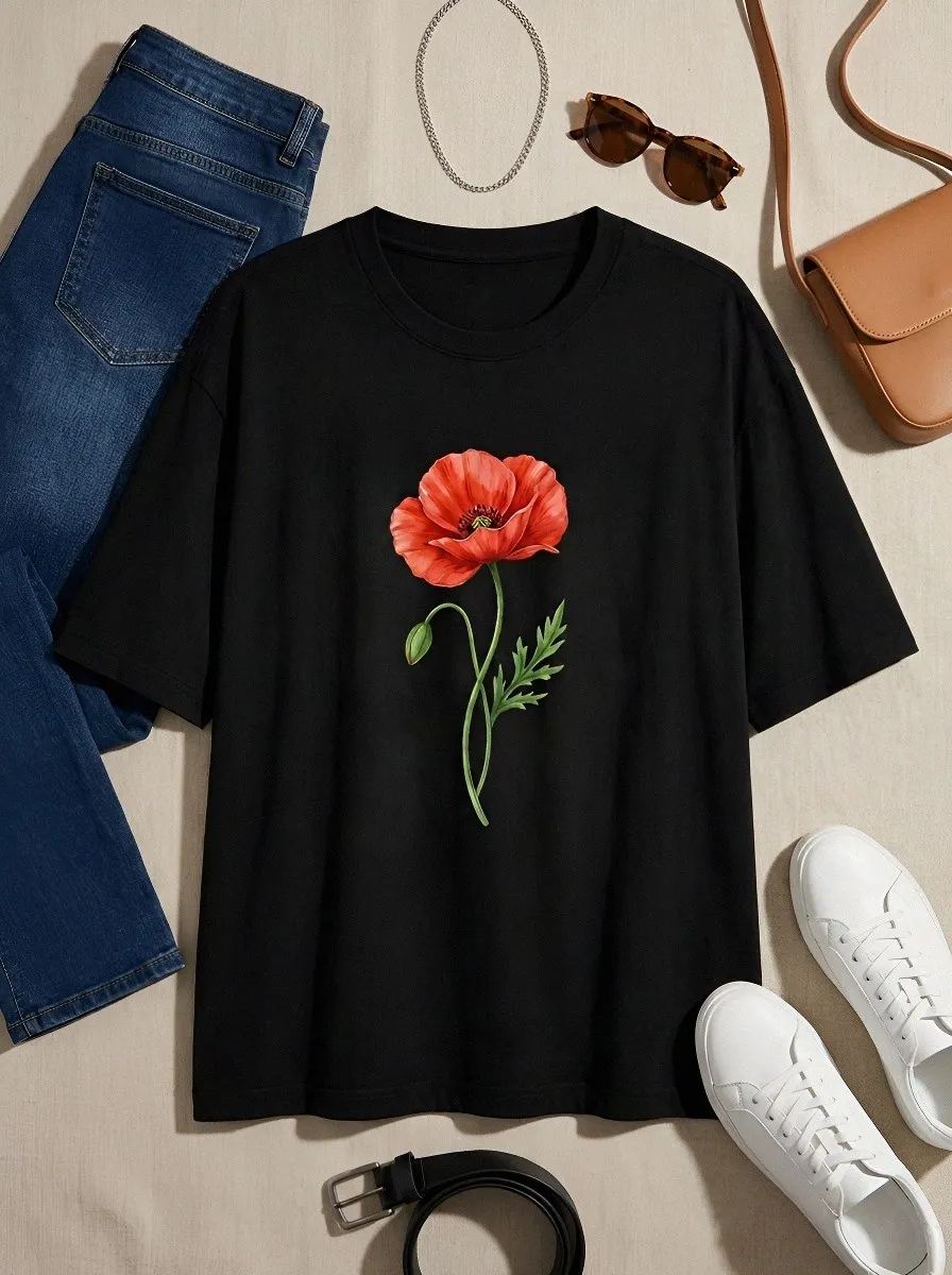 Unisex Botanical Flower Lover Red Poppy Printed T-shirt