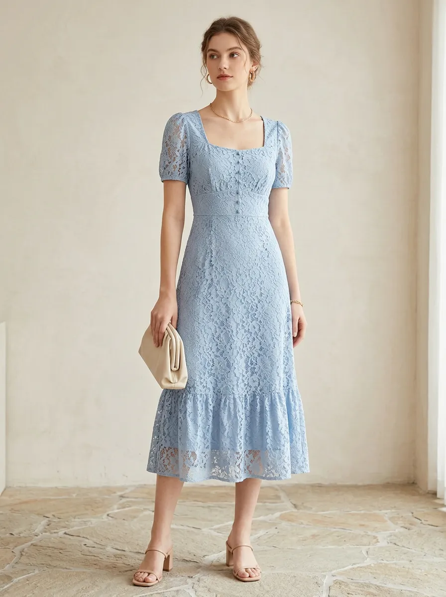 Women's Vintage Elegant Light Blue Floral Lace Printed Dress