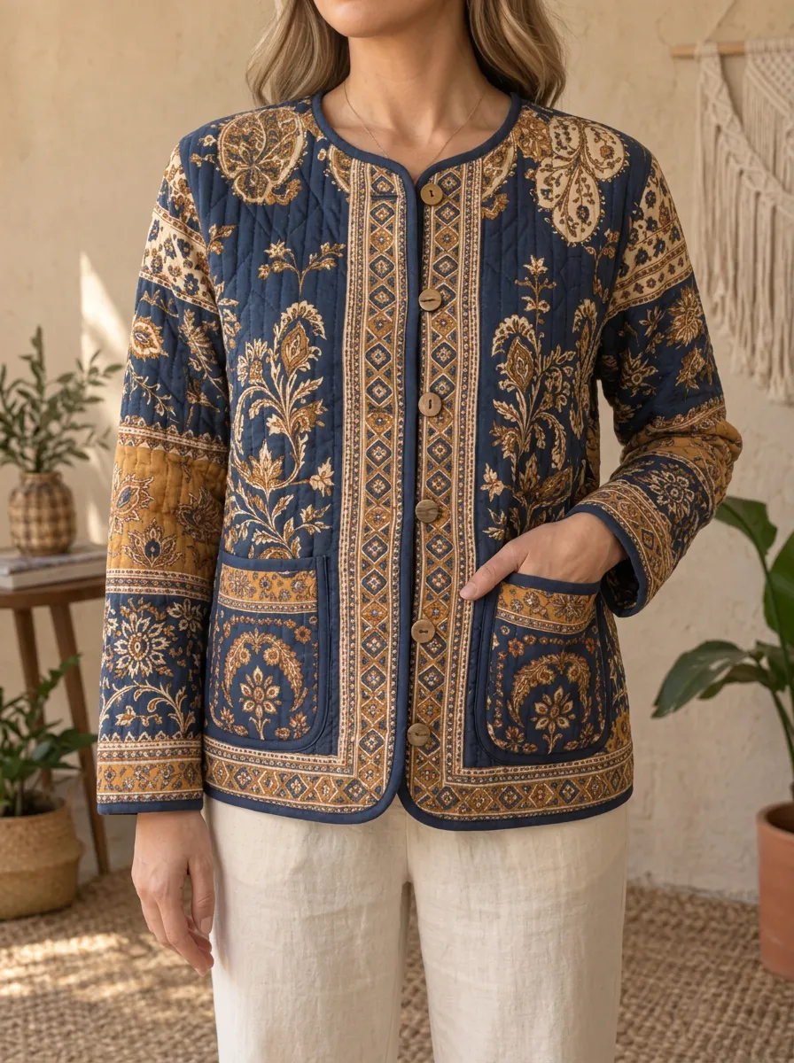 Women's Utility Inspired Boho Floral Paisley Quilted Jacket