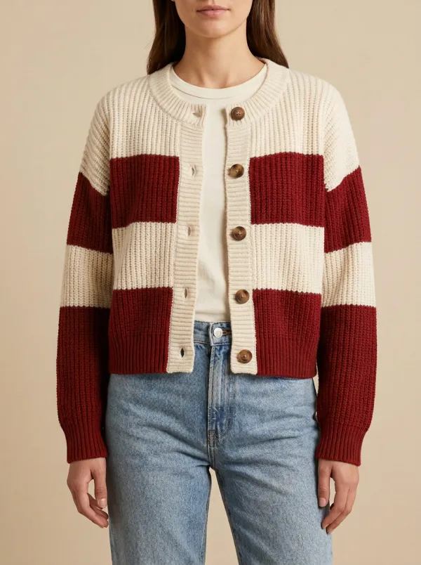Button Front Rugby Striped Knit Cardigan