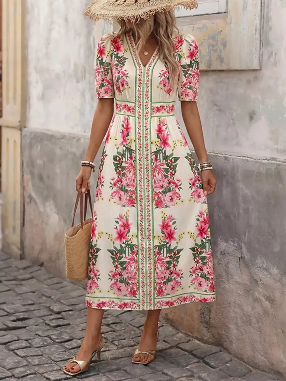 Neck V-Neck Midi Dress