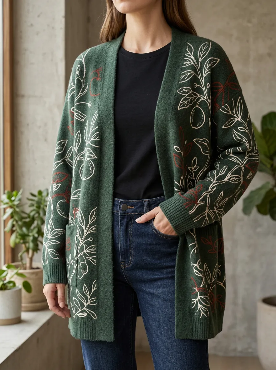 Women's Botanical Nature Lover Fruit Branch Printed Ribbed Trim Casual Layering Cardigan
