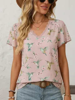 Hummingbird Cherry Blossom Floral Women's Loose Printed Blouse