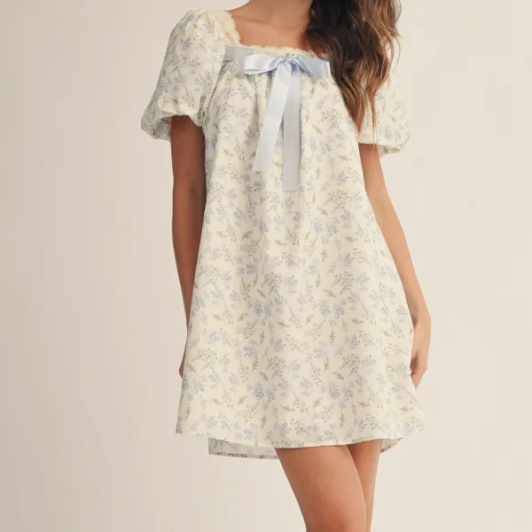 Floral Lace Detail Puff Sleeve Square Neck Dress