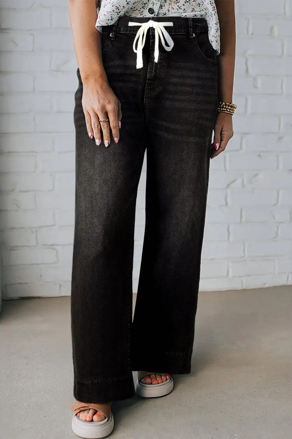 Acid Wash Contrast Lace Up Jeans