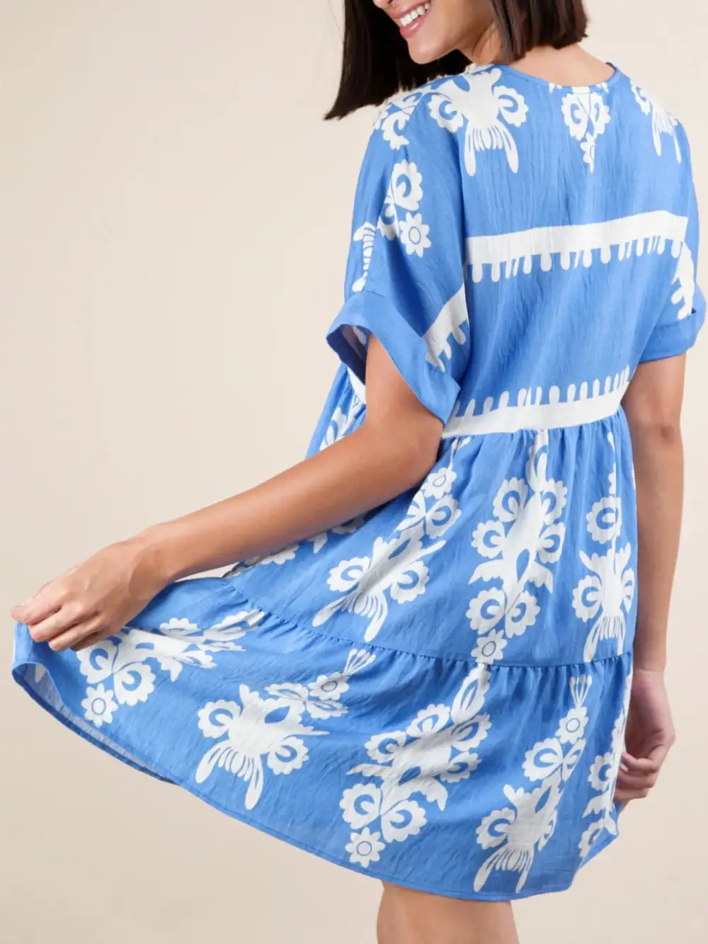 Printed V Neck Short Sleeve Mini Dress