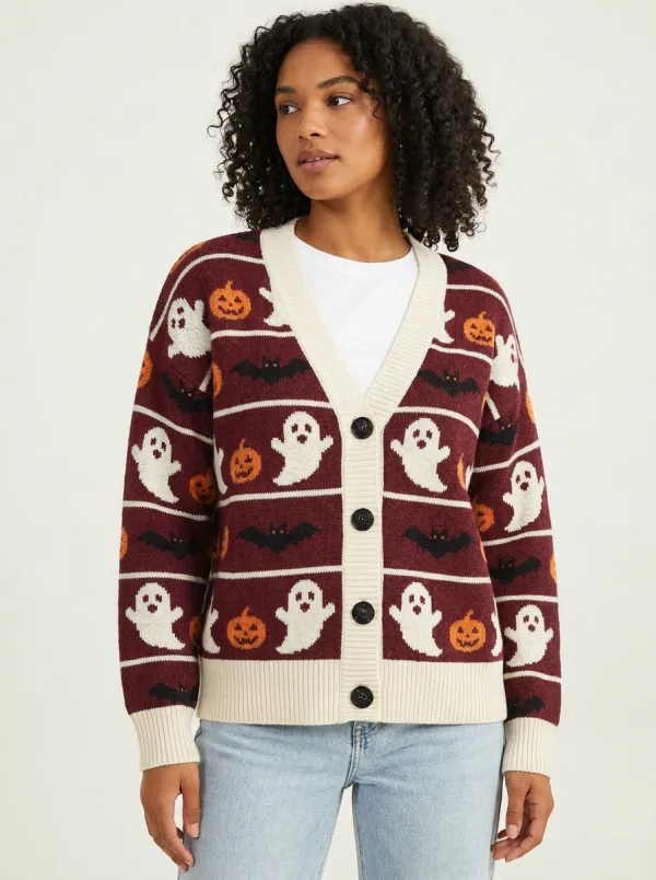 Women's Ghost Pumpkin Bat Halloween Knit Cardigan