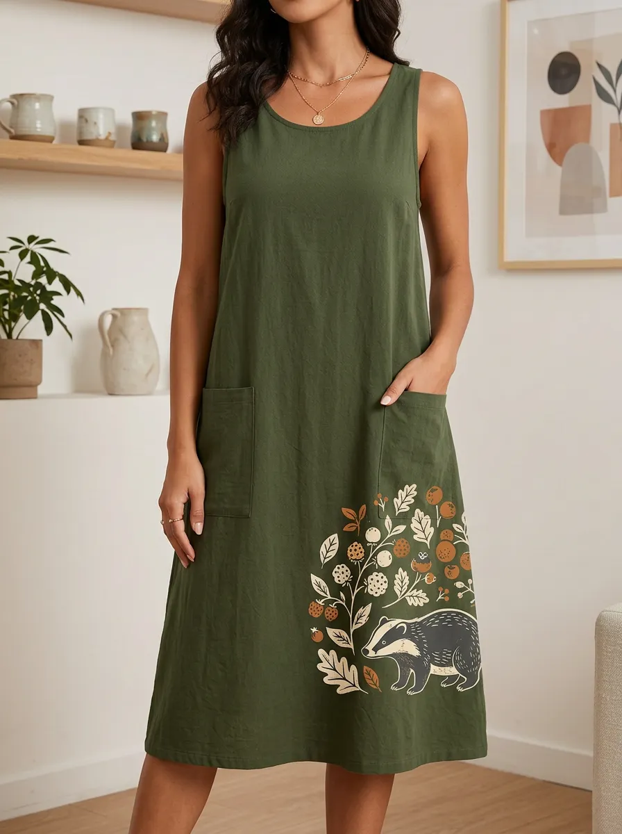 Women's Nature Lover Badger and Berries Printed Tank Dress