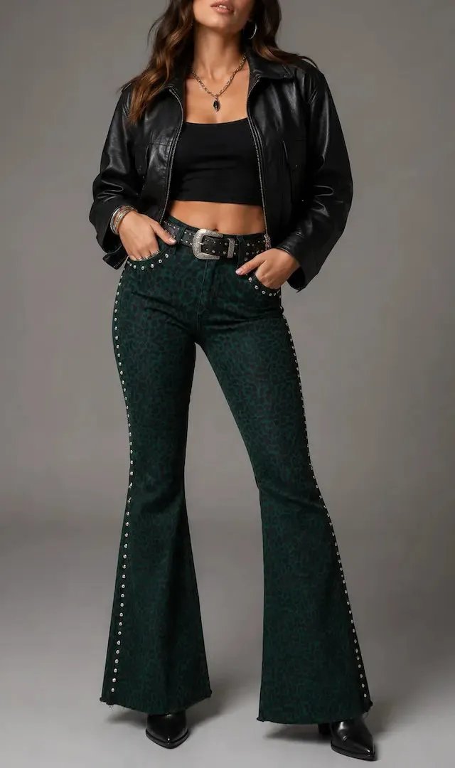 Studded Detail Leopard Print Bell Bottom Frayed Hem Denim Jeans