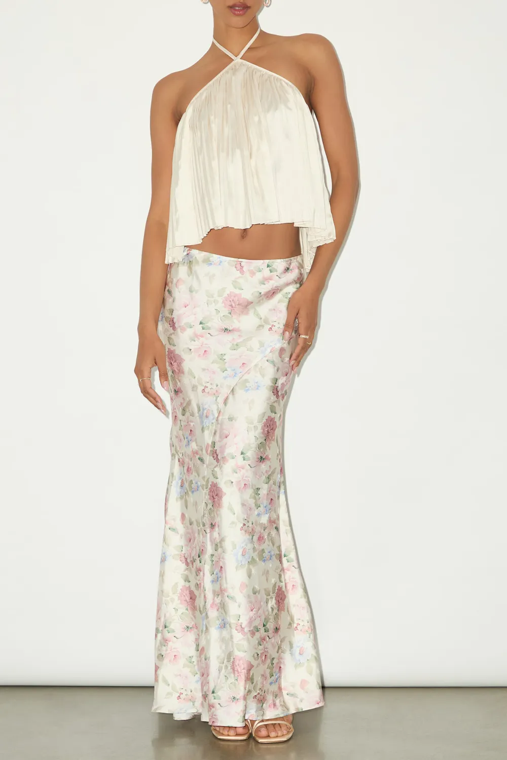 Casual Style Ivory Floral Satin Maxi Skirt