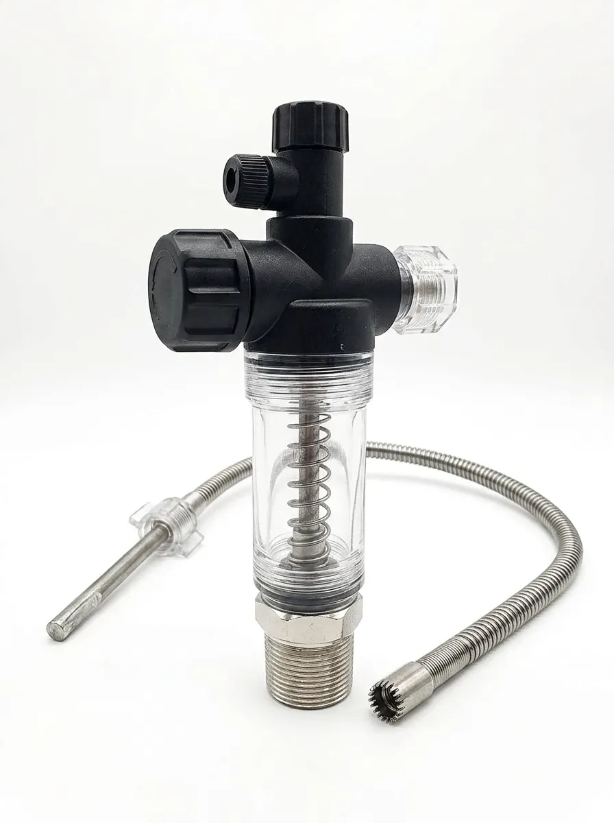 Water Heater Flush Filter with Braided Hose Attachment