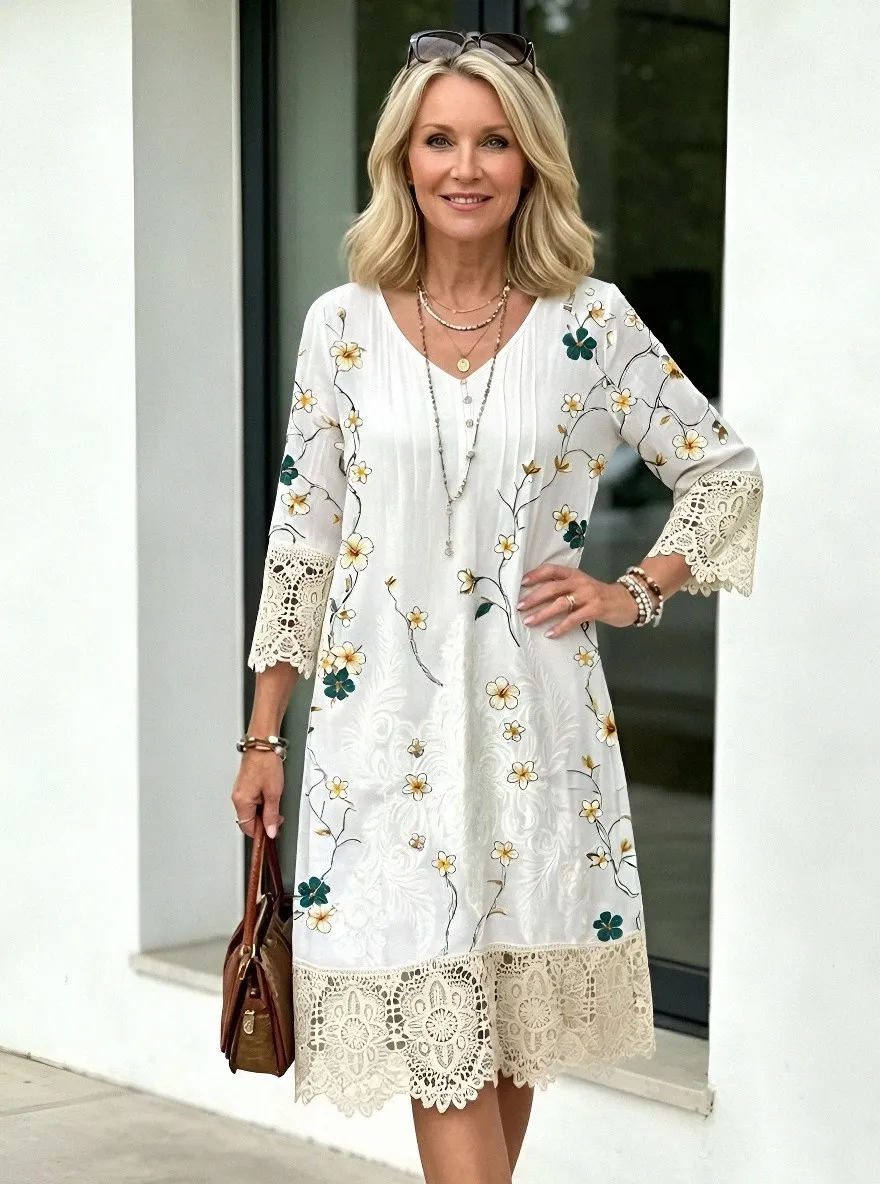 Women's Summer Vacation Floral Embroidery Lace Trim Printed Dress