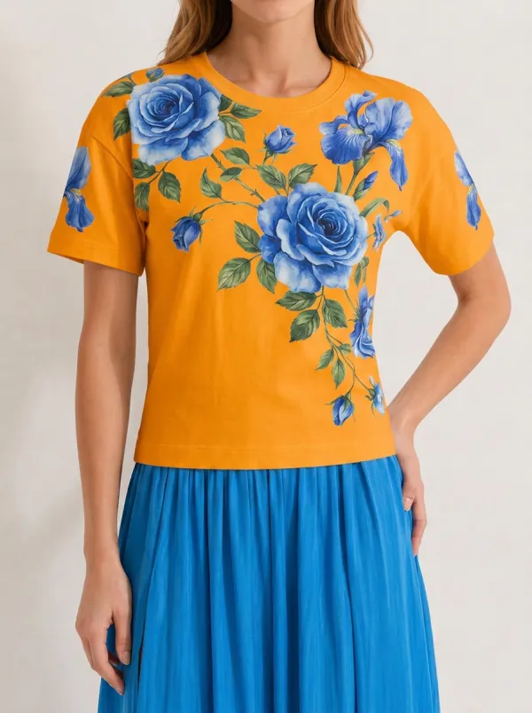 Women's Floral Lover Blue Rose Botanical Printed T-shirt