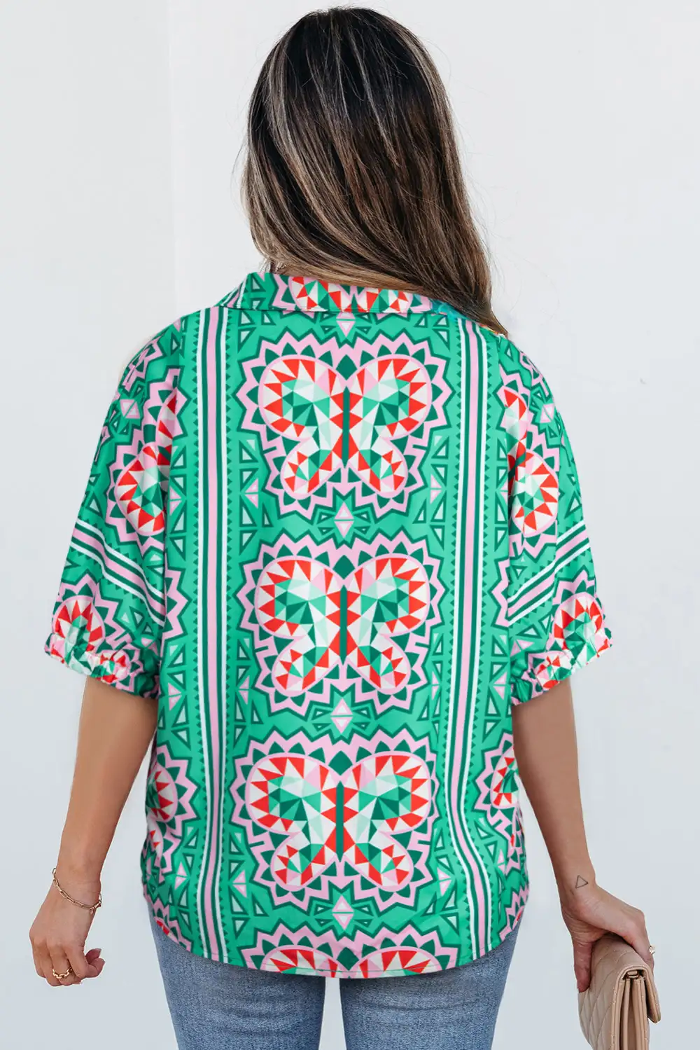 Striped Abstract Print V-Neck Blouse