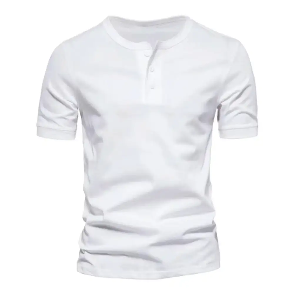 Men's Tailored Short-Sleeve Henley Shirt Cotton Blend With Button Placket