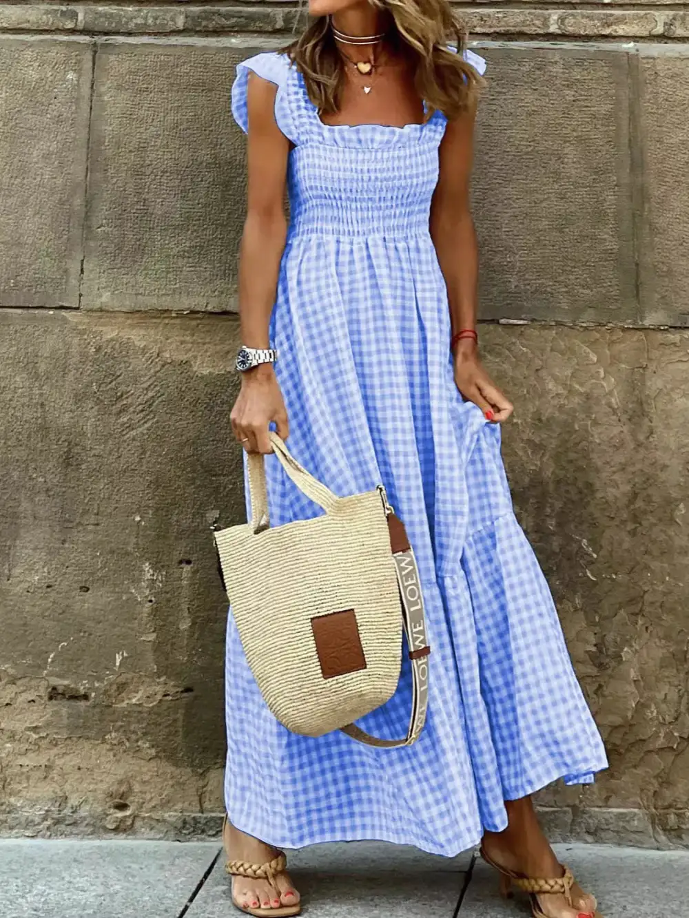 Full Size Gingham Smocked Ruffle Maxi Dress Plus Size