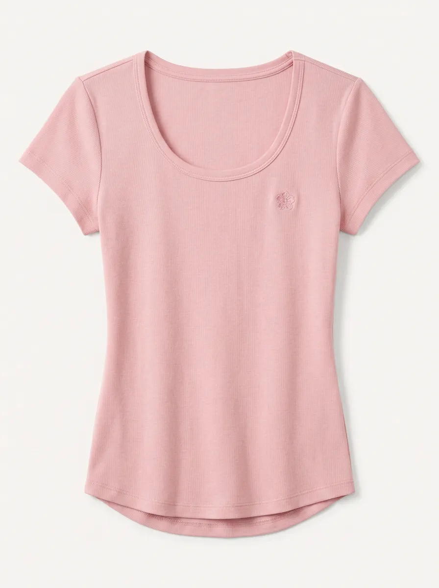 Women's Pink Floral Embroidered Ribbed Scoop Neck T-shirt