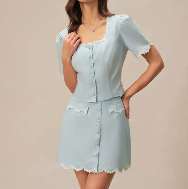 Light Blue Lace Pocket Button Mini Skirt