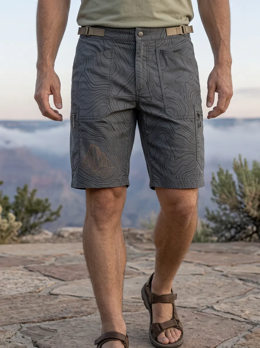 Men's Pocket Detail Hiking Outdoor Topographic Mountain Cargo Shorts