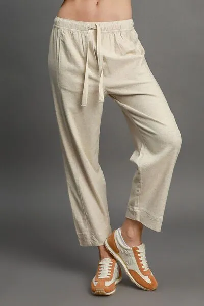 Full Size Drawstring Elastic Waistband Linen Blend Pant