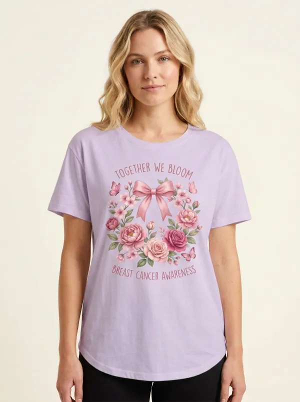 Women's Breast Cancer Awareness Floral Ribbon Butterfly Printed T-shirt