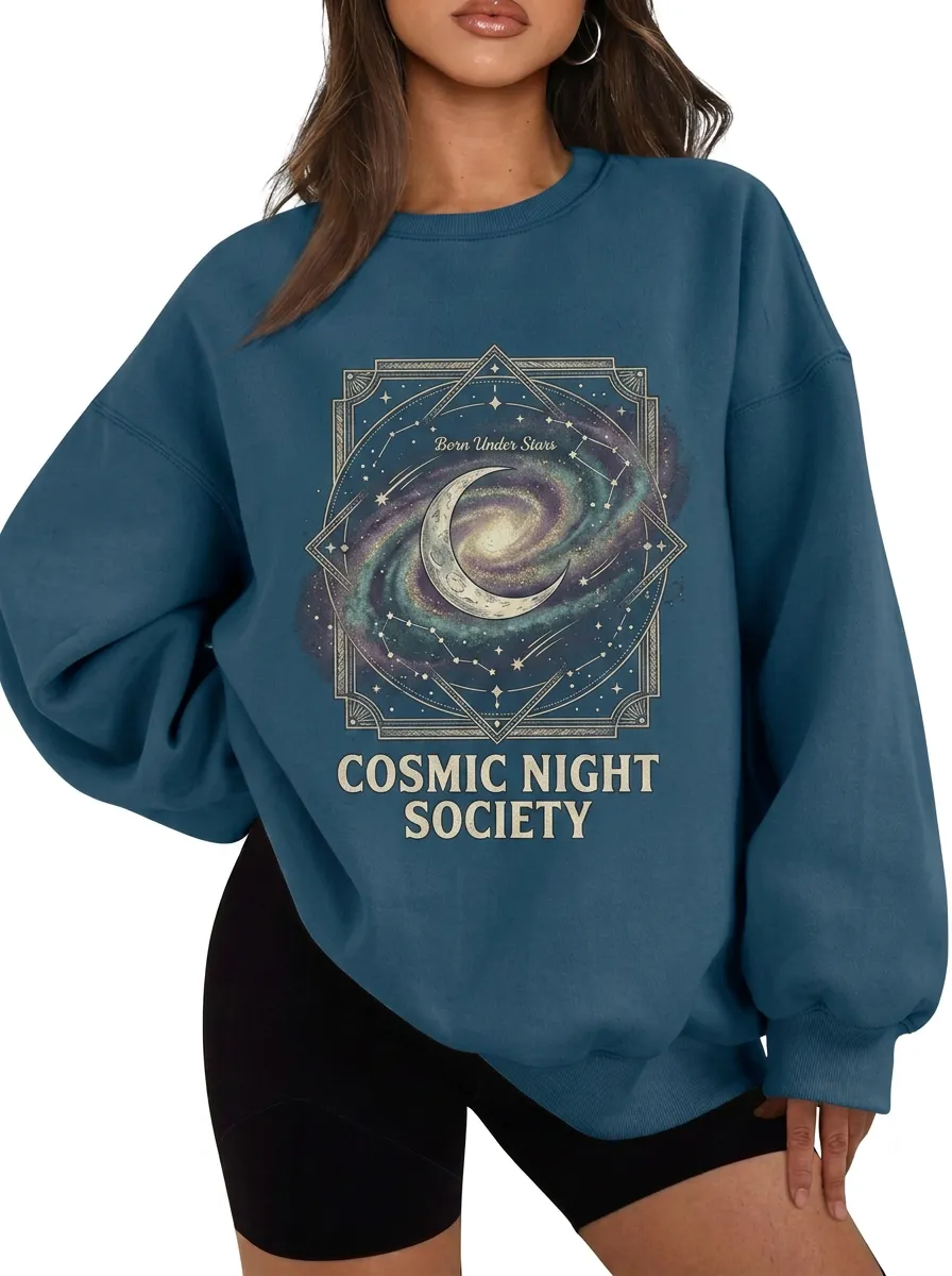 Women's Cosmic Night Society Galaxy Moon Printed T-shirt