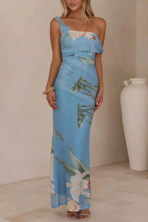 Classic Ruched One-Shoulder Floral Maxi Dress