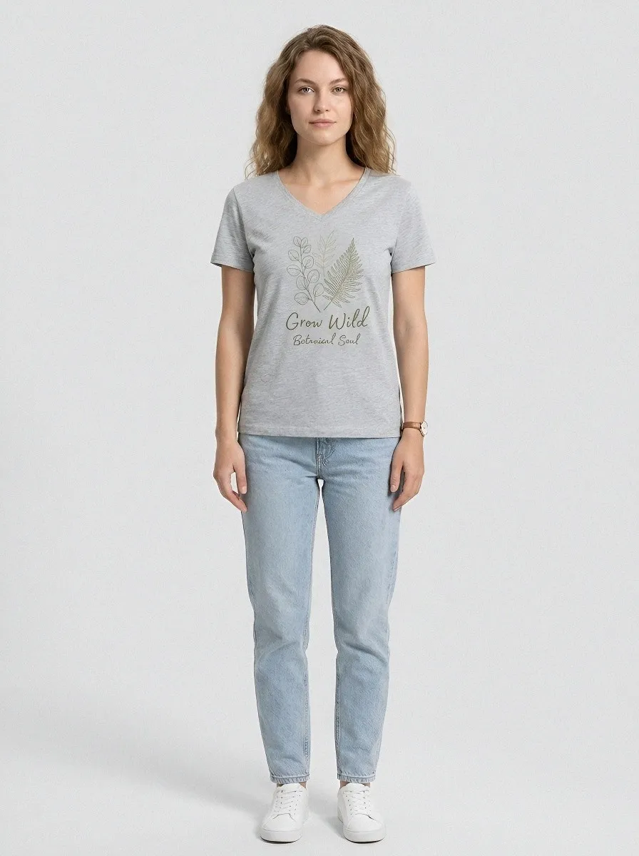 Women's Nature Lover Grow Wild Fern Botanical Printed V-Neck T-Shirt