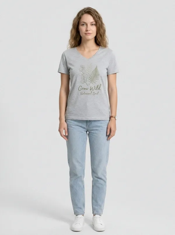 Women's Nature Lover Grow Wild Fern Botanical Printed V-Neck T-Shirt