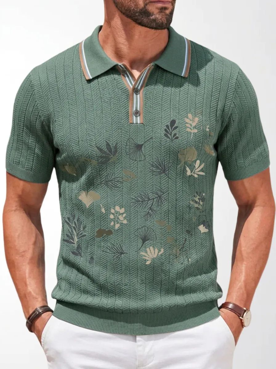 Men's Botanical Leaf Pattern Printed Polo Shirt